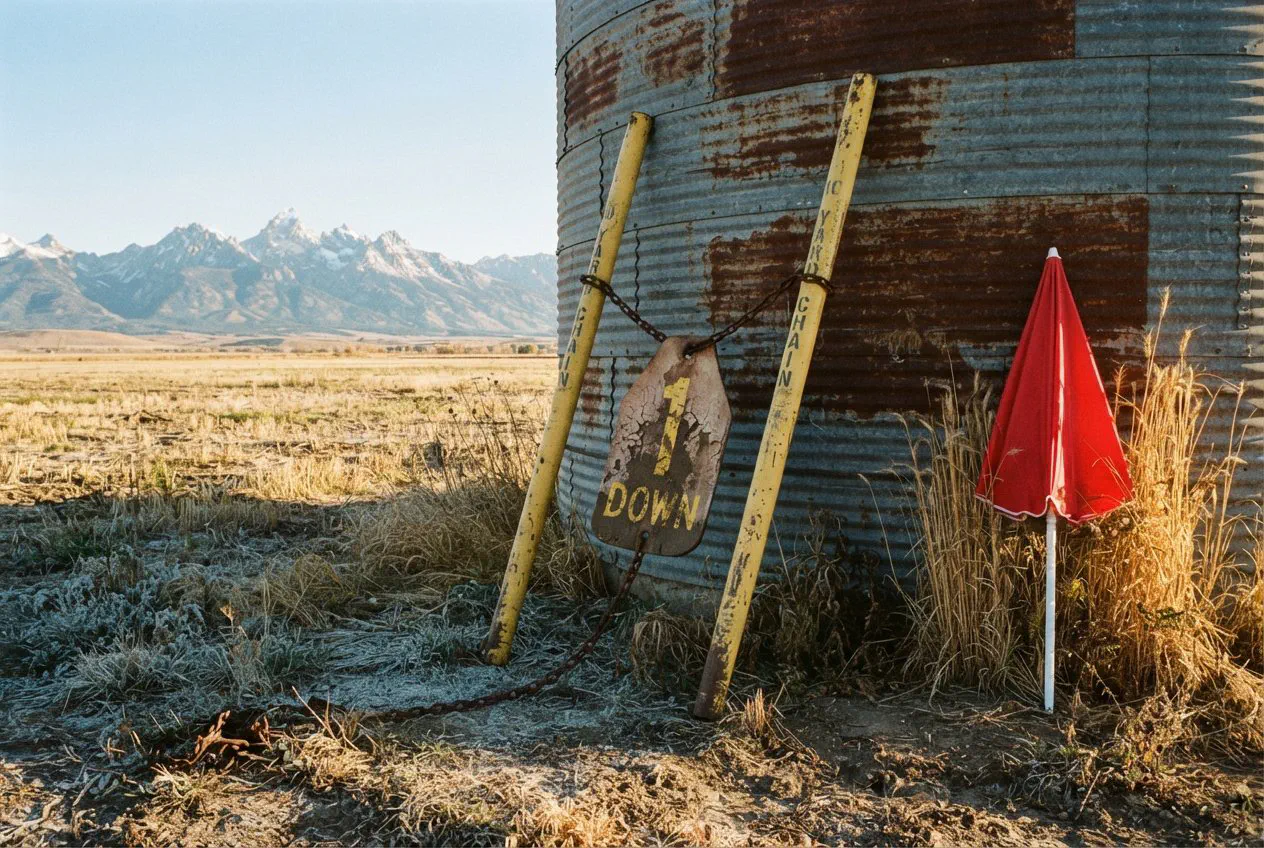 A wide-angle, eye-level shot of a weathered, yellow-painted chain gang set—the down marker and the two poles connected by a ten-yard chain—resting against the