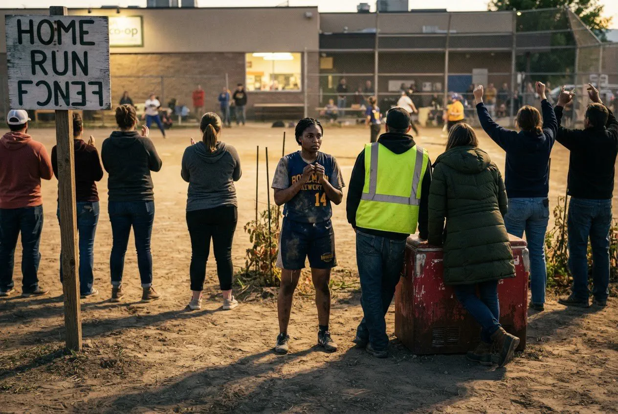 A candid, eye-level shot from behind a row of eight spectators standing on the packed-dirt lot behind the Bozeman Food Co-op.
