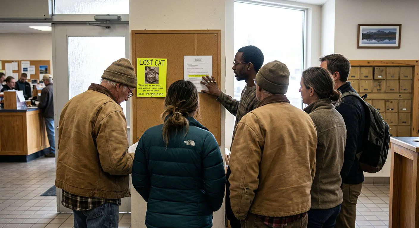A candid, eye-level shot inside the Big Sky post office lobby on a crisp October morning.