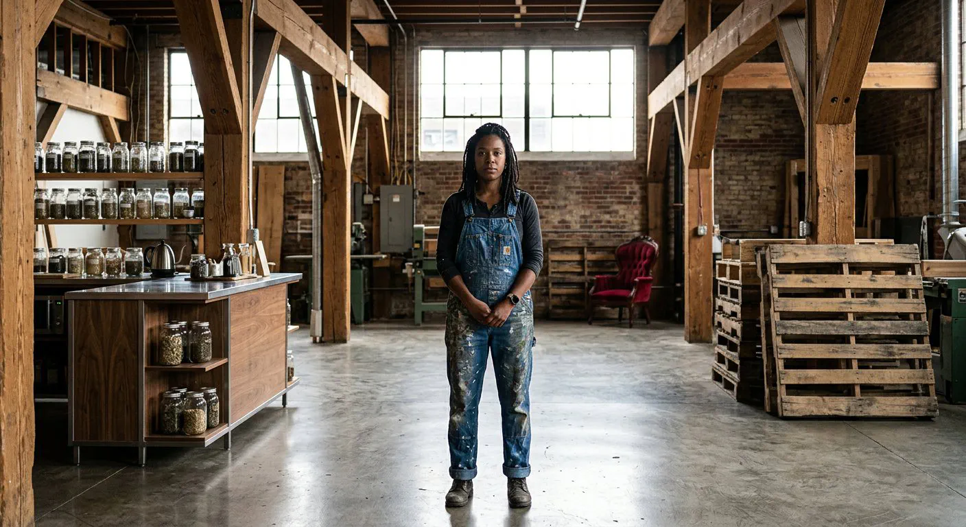 A medium-full shot of Maya Peterman, a 34-year-old Black woman with box braids and paint-stained denim overalls, standing in the center of the renovated