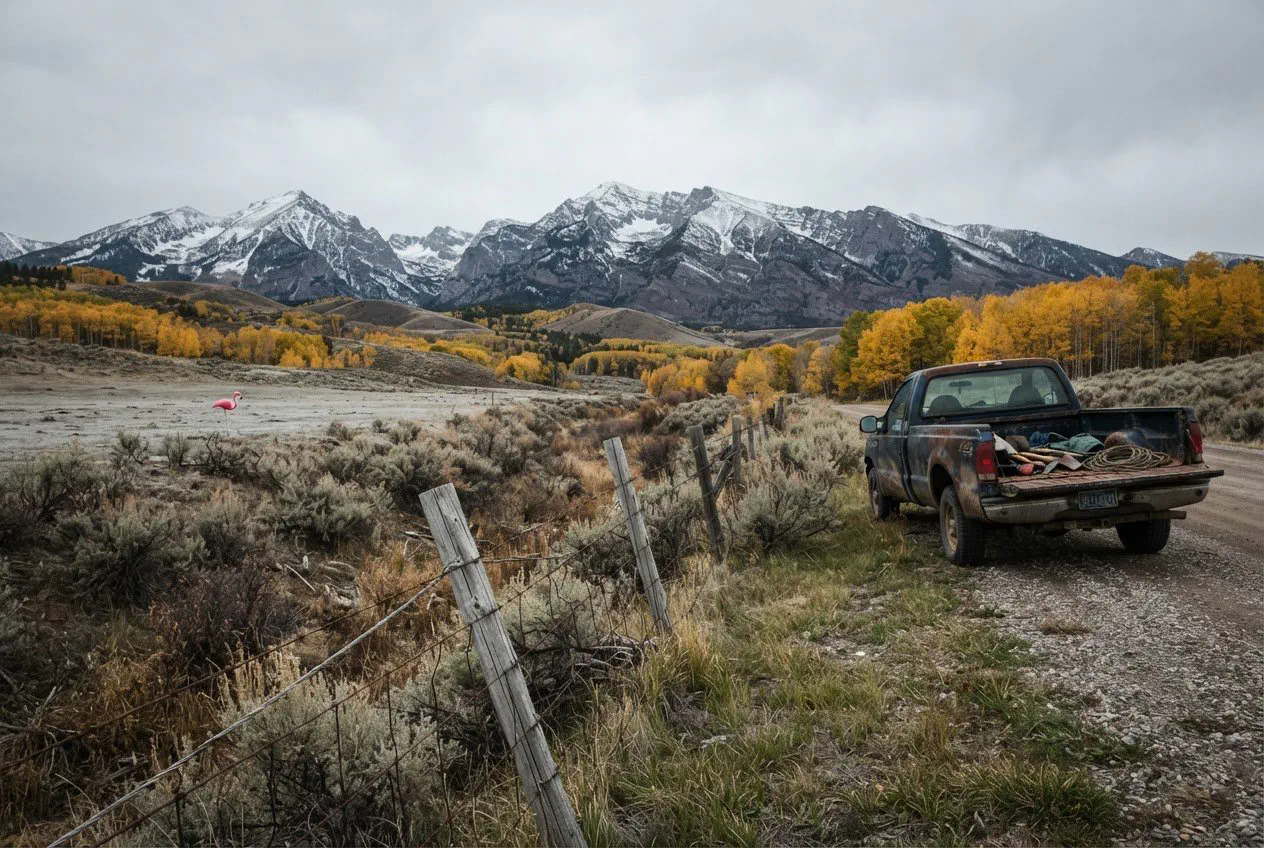 A wide-angle landscape shot of the Bridger Range under a flat, overcast October sky.