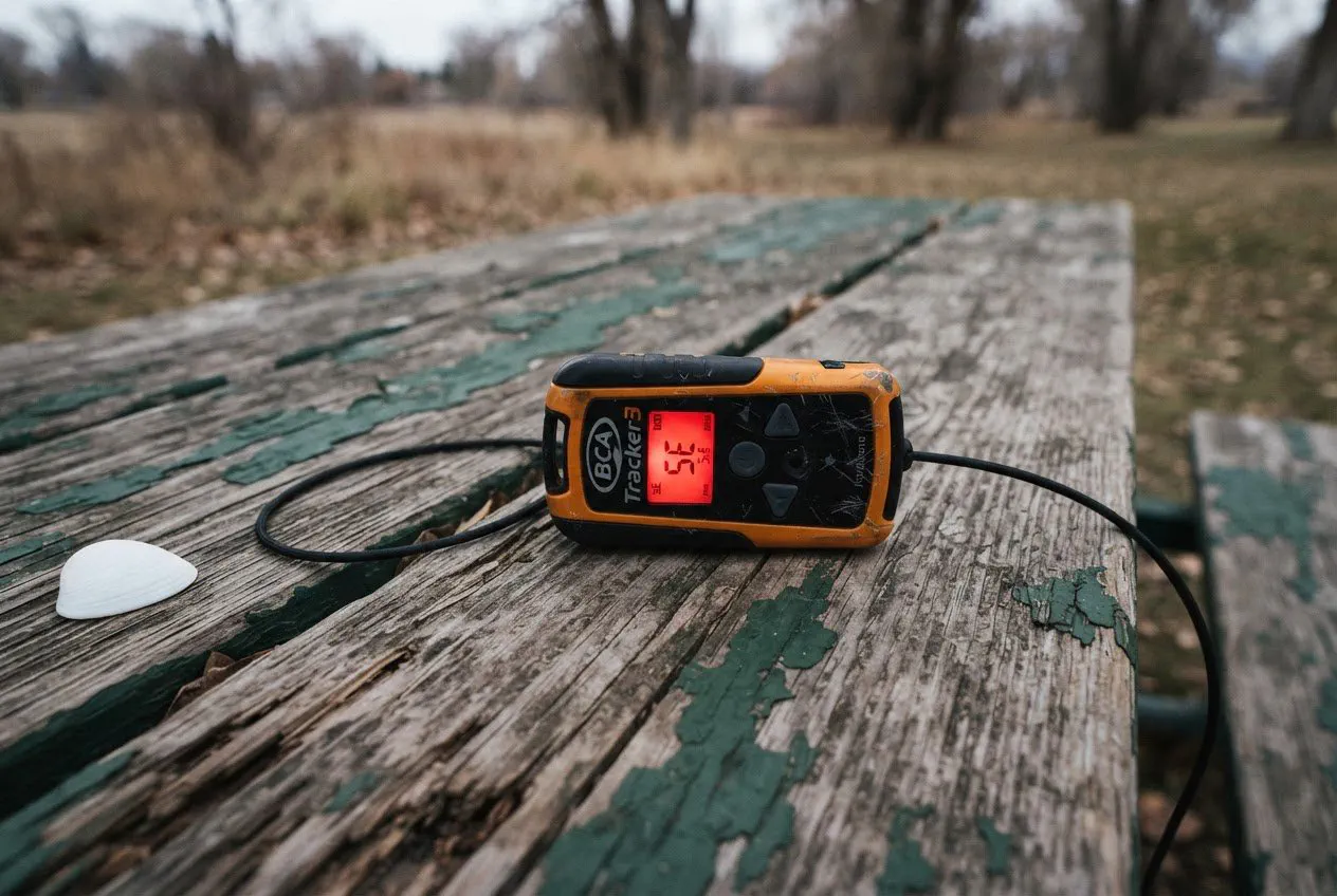 A close-up, top-down shot of a BCA Tracker3 avalanche beacon resting on the weathered, splintered wood of a Lindley Park picnic table.