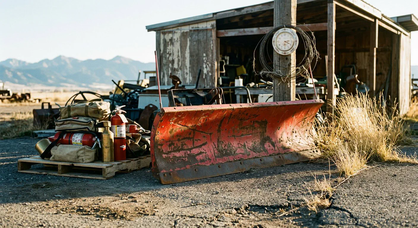 A wide-angle, eye-level shot of a weathered, red-painted metal plow blade resting on the cracked asphalt of a Four Corners shed apron.