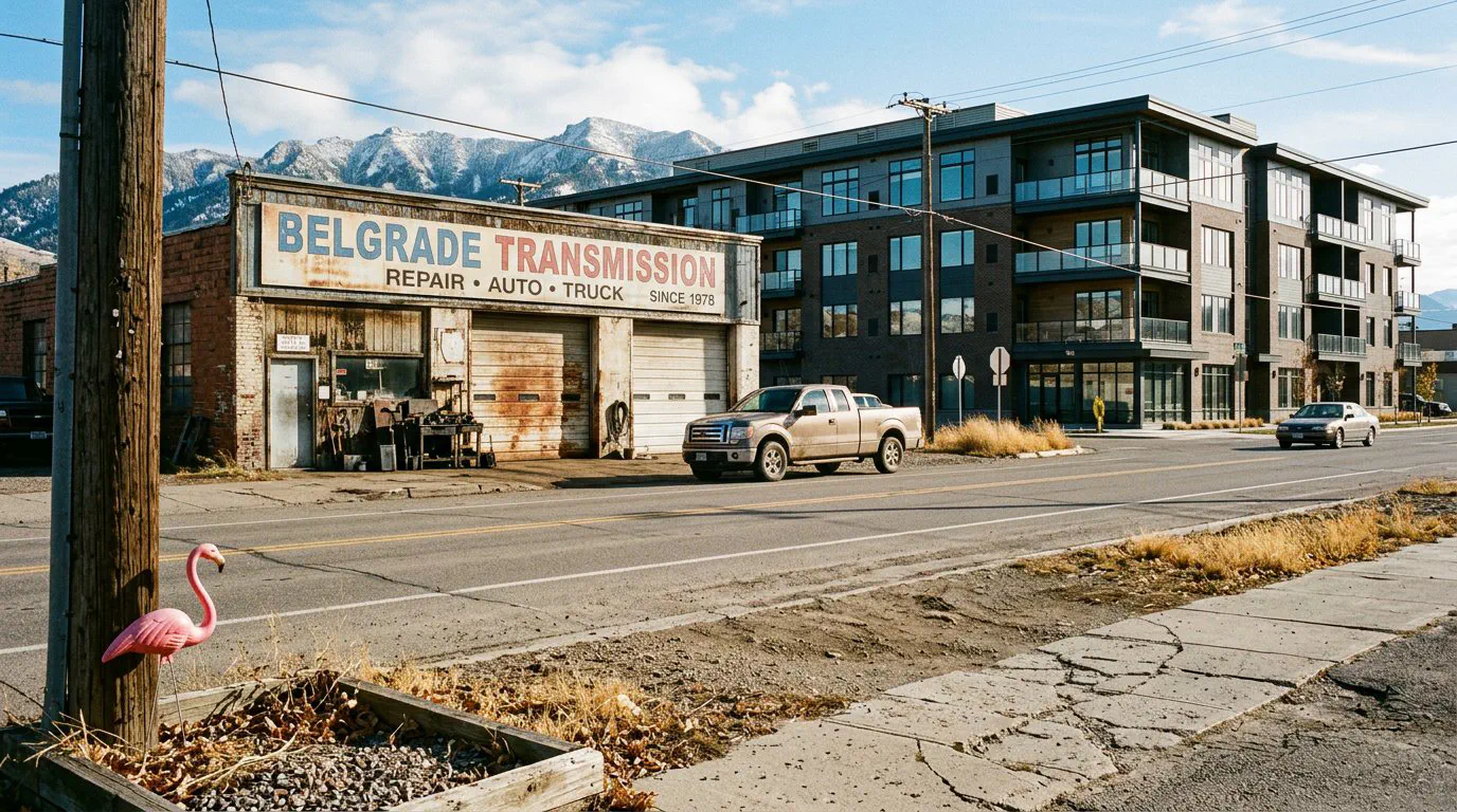 A wide-angle, eye-level street shot taken from the cracked sidewalk across West Central Avenue in Belgrade, Montana.