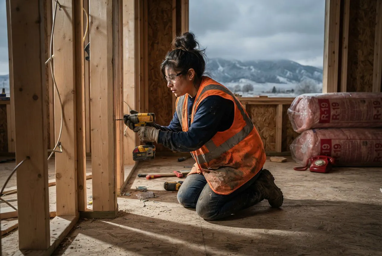 A low-angle, medium shot of Elena, a 28-year-old Latina construction lead with a lean, athletic build, kneeling on the subfloor of a partially framed house in