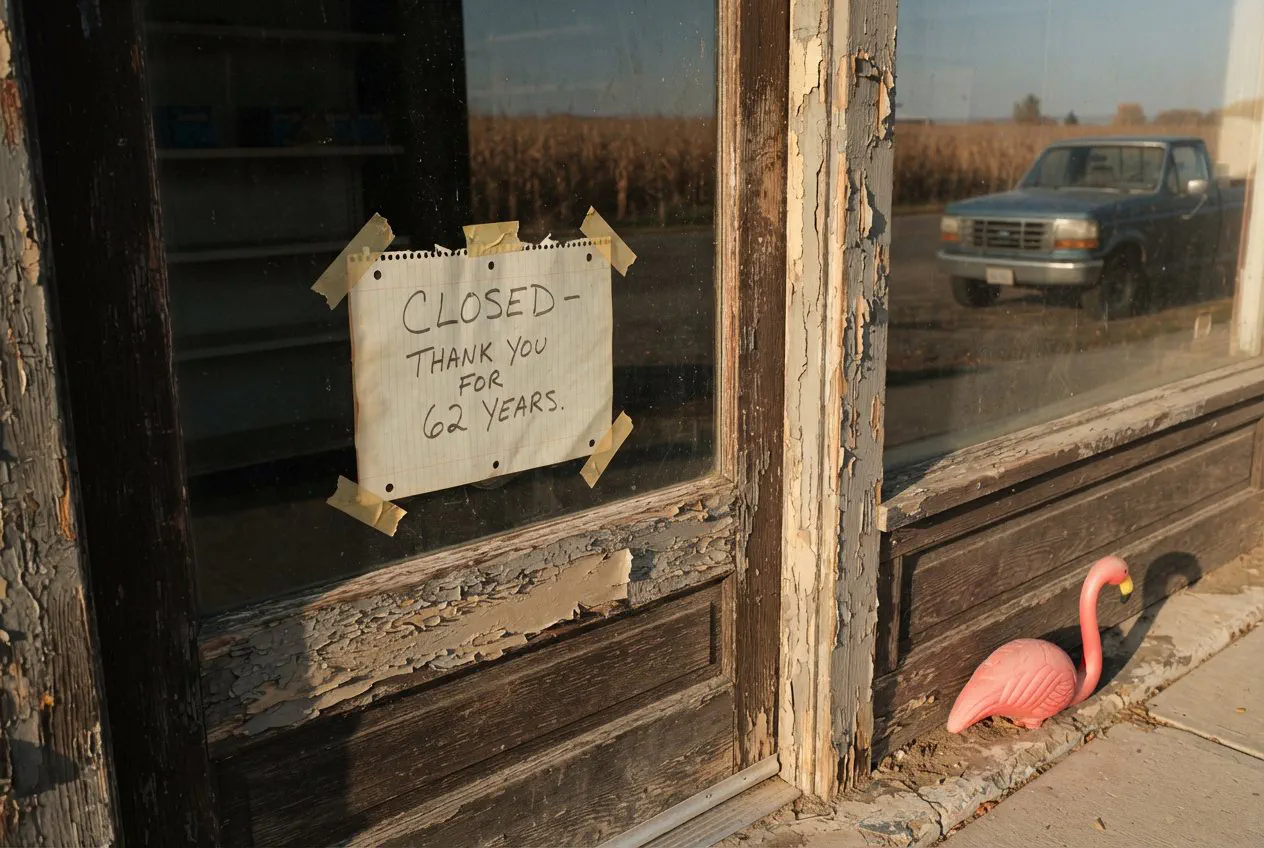 A tight, eye-level close-up of the weathered glass pane on the front door of the former Gallatin Valley Farm Supply in Belgrade.