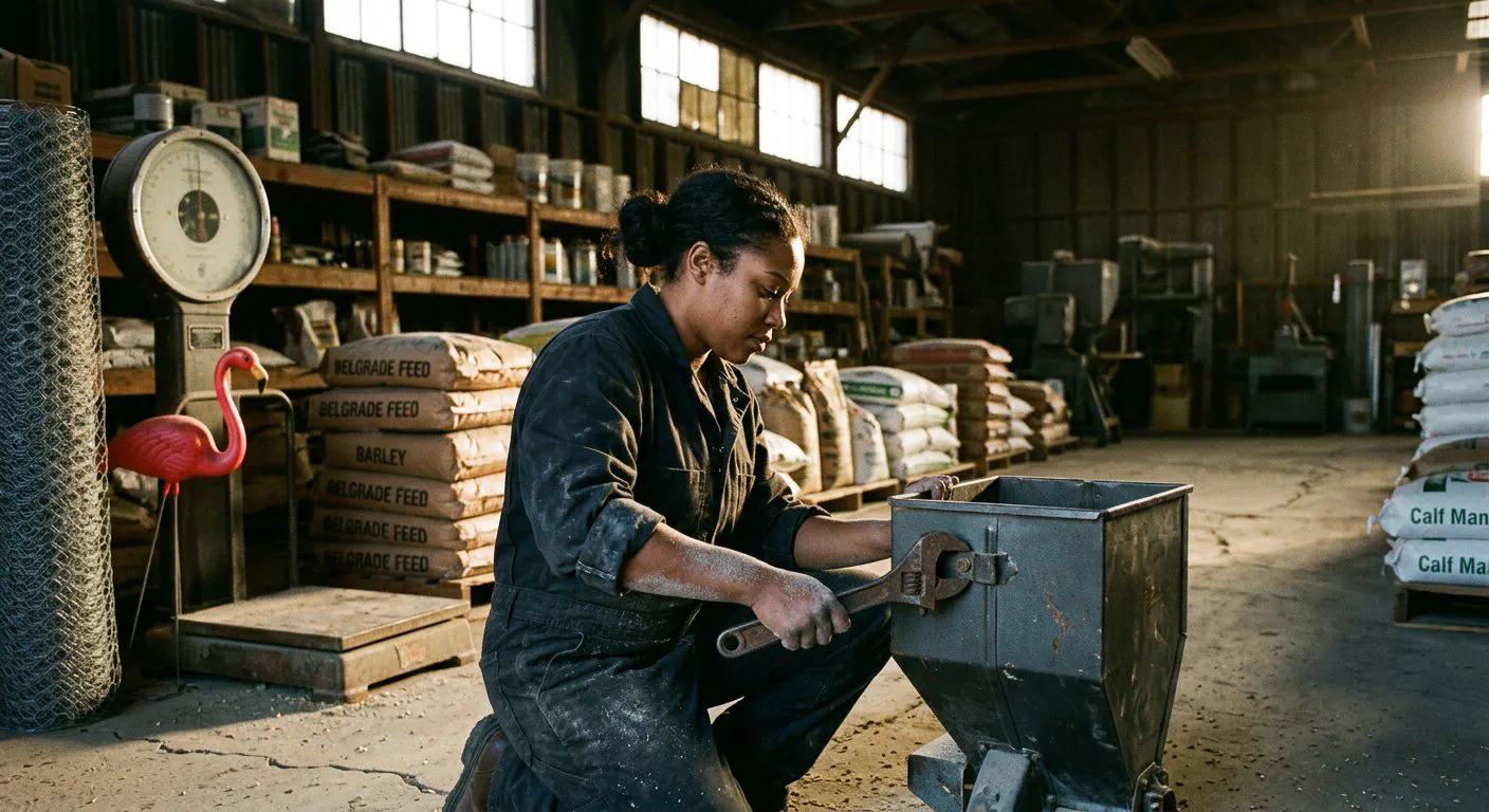 A medium shot of Elena, a 28-year-old Black woman with her hair pulled into a practical bun, kneeling on the dusty concrete floor of the Belgrade Feed & Seed.