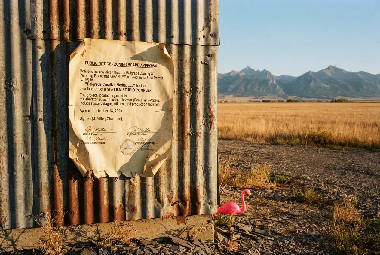 A straight-on, eye-level shot of a weathered, yellowed public notice stapled to the corrugated metal siding of the Belgrade grain elevator.
