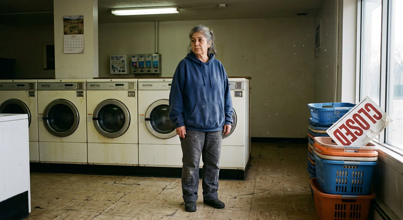 A medium-wide shot of 68-year-old owner Maria Ortega standing in the center of The Spin Cycle on Broadway Avenue.