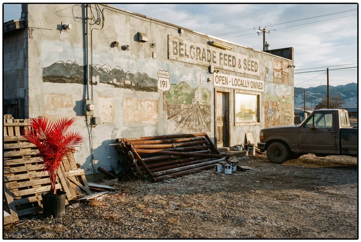 A straight-on, eye-level shot of the west-facing exterior wall of the Belgrade Feed & Seed.