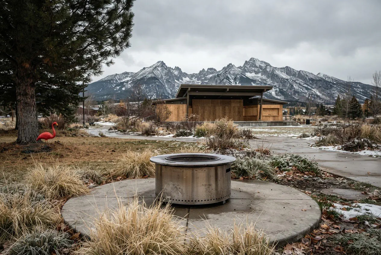 A wide-angle, eye-level shot of the Town Center Park in Big Sky during late October.