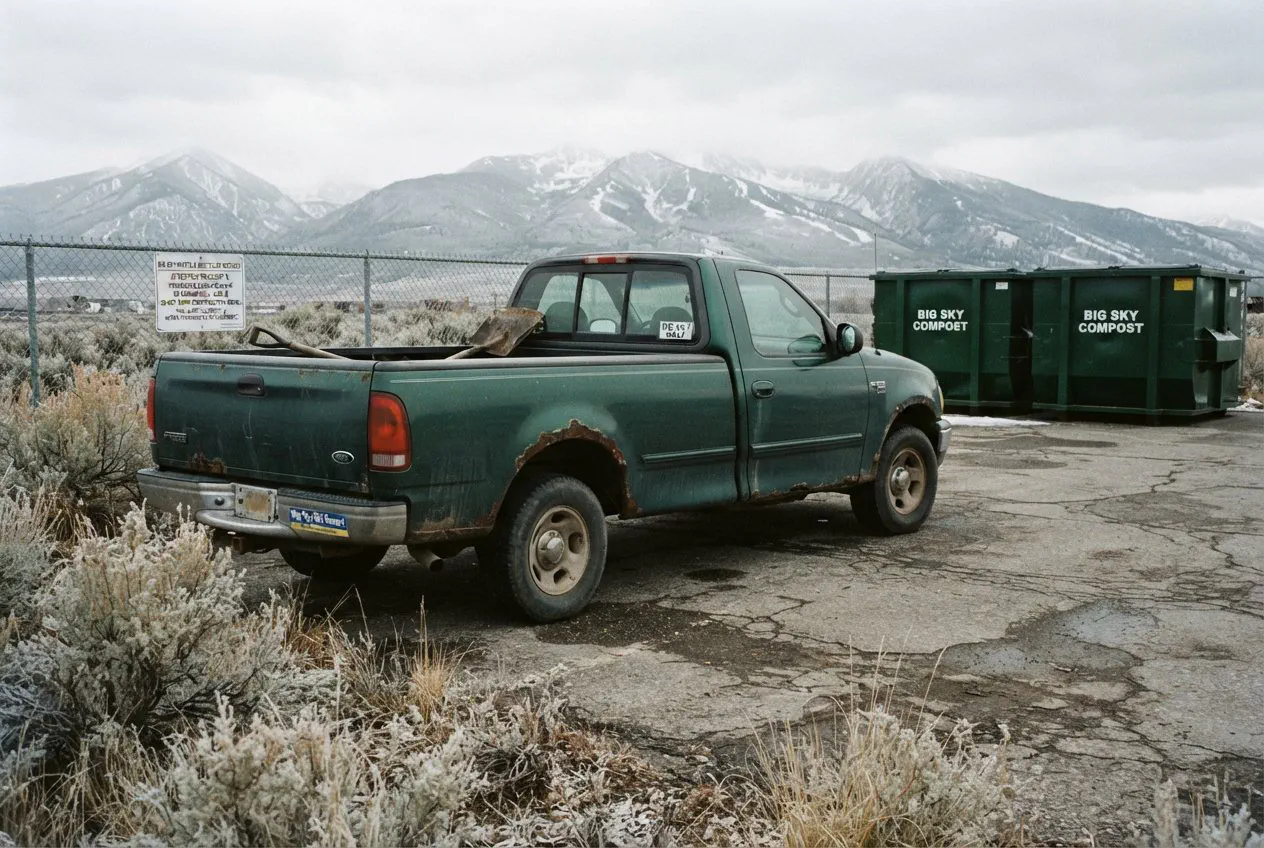 A low-angle, eye-level shot of a weathered, forest-green 1998 Ford F-150 parked on the cracked, salt-stained asphalt of the Meadow Village drop-off lot in Big