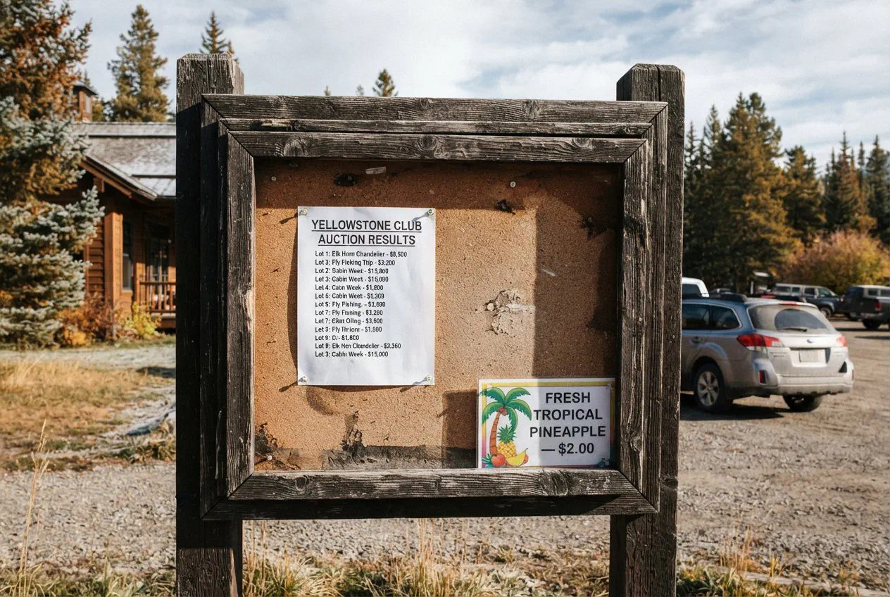 A medium-angle shot of a weathered, dark-stained wooden notice board standing outside the Meadow Village clubhouse in Big Sky, Montana.