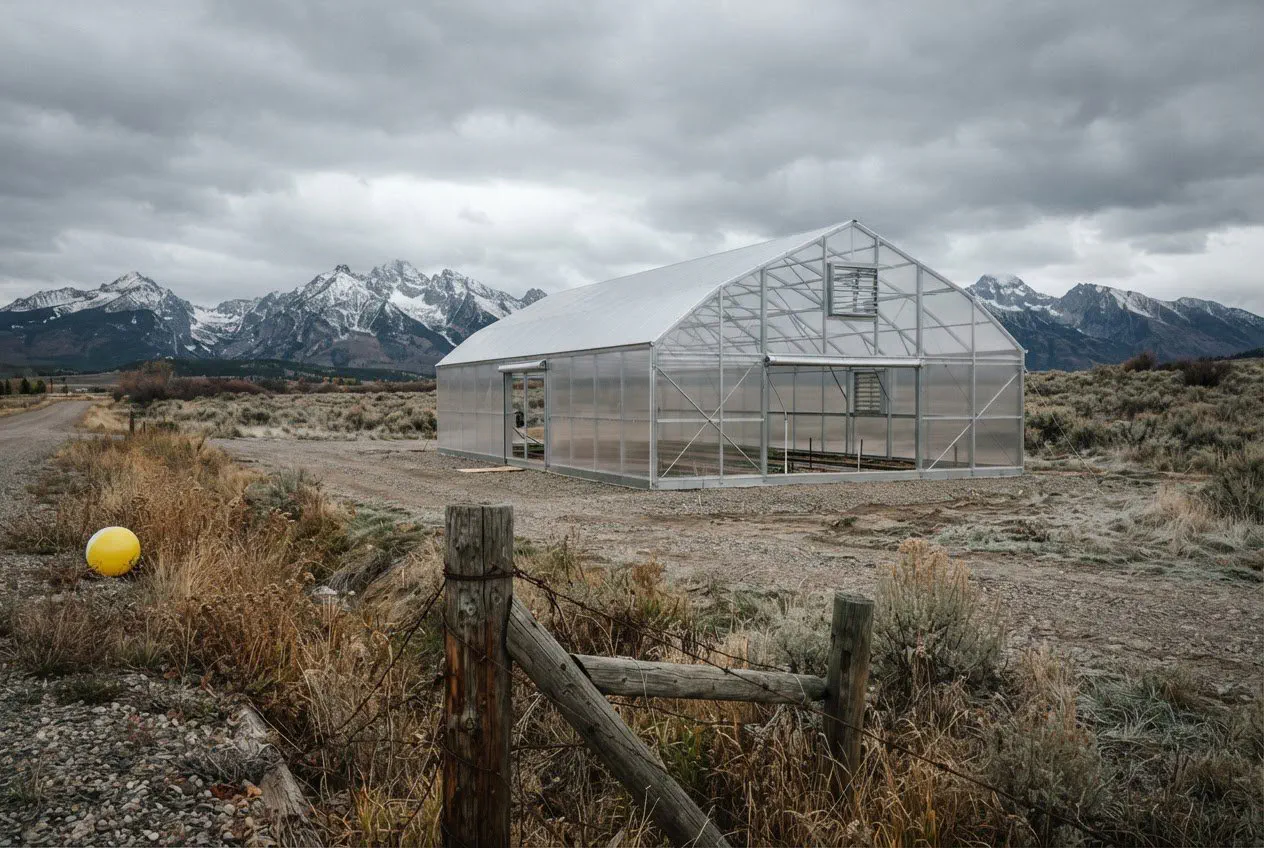A wide, eye-level shot of the new 30-by-60-foot hoop house at Town Center Park in Big Sky, Montana, under a heavy, overcast October sky.