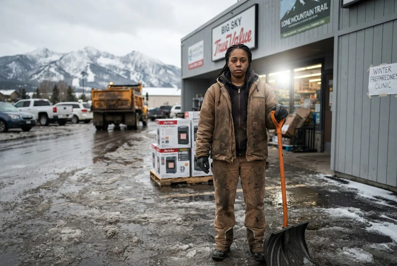 A medium-wide shot of 28-year-old Maya, a Black woman with braided hair, standing in the Big Sky True Value parking lot off Lone Mountain Trail.