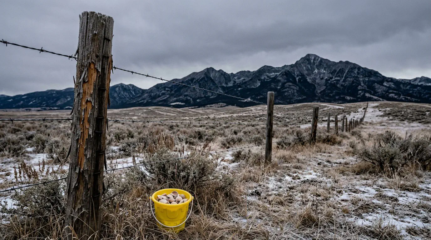 A wide-angle, eye-level shot of the Lone Mountain Ranch fence line cutting through a snow-dusted sagebrush flat, looking toward the jagged, shadowed peaks of