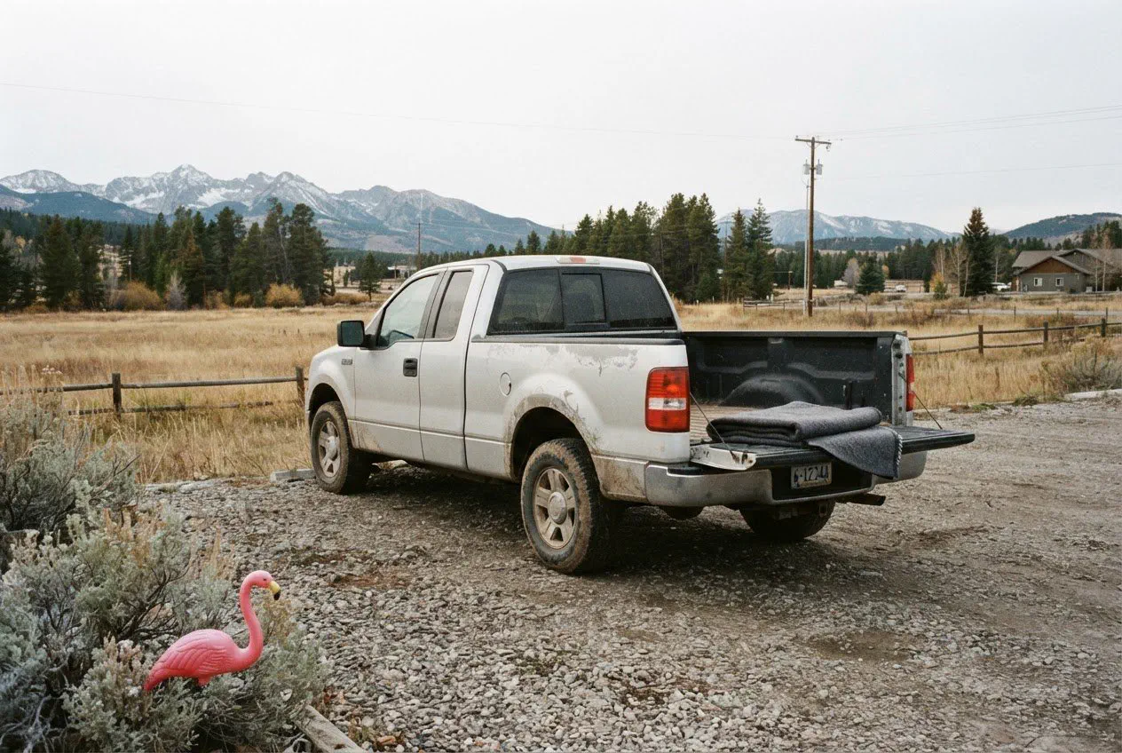 A low-angle, eye-level shot of a dusty, silver 2004 Ford F-150 parked at the edge of the Big Sky Community Commons gravel lot.