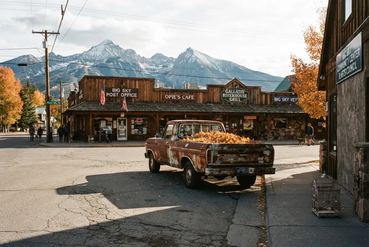 A wide, eye-level street shot of Big Sky’s Meadow Village taken from the opposite sidewalk on a crisp October afternoon.