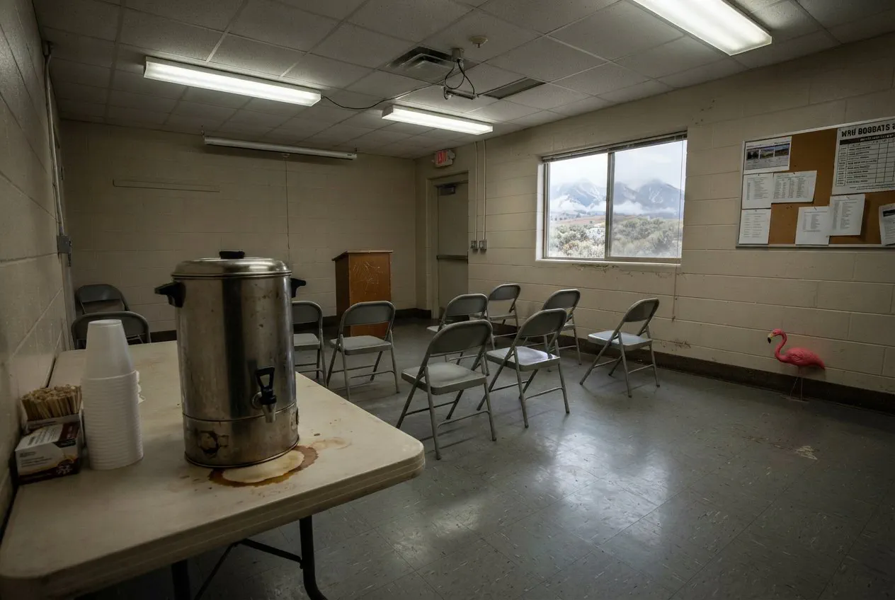 A wide-angle, eye-level shot of the MSU-Bozeman indoor practice facility’s auxiliary meeting room.