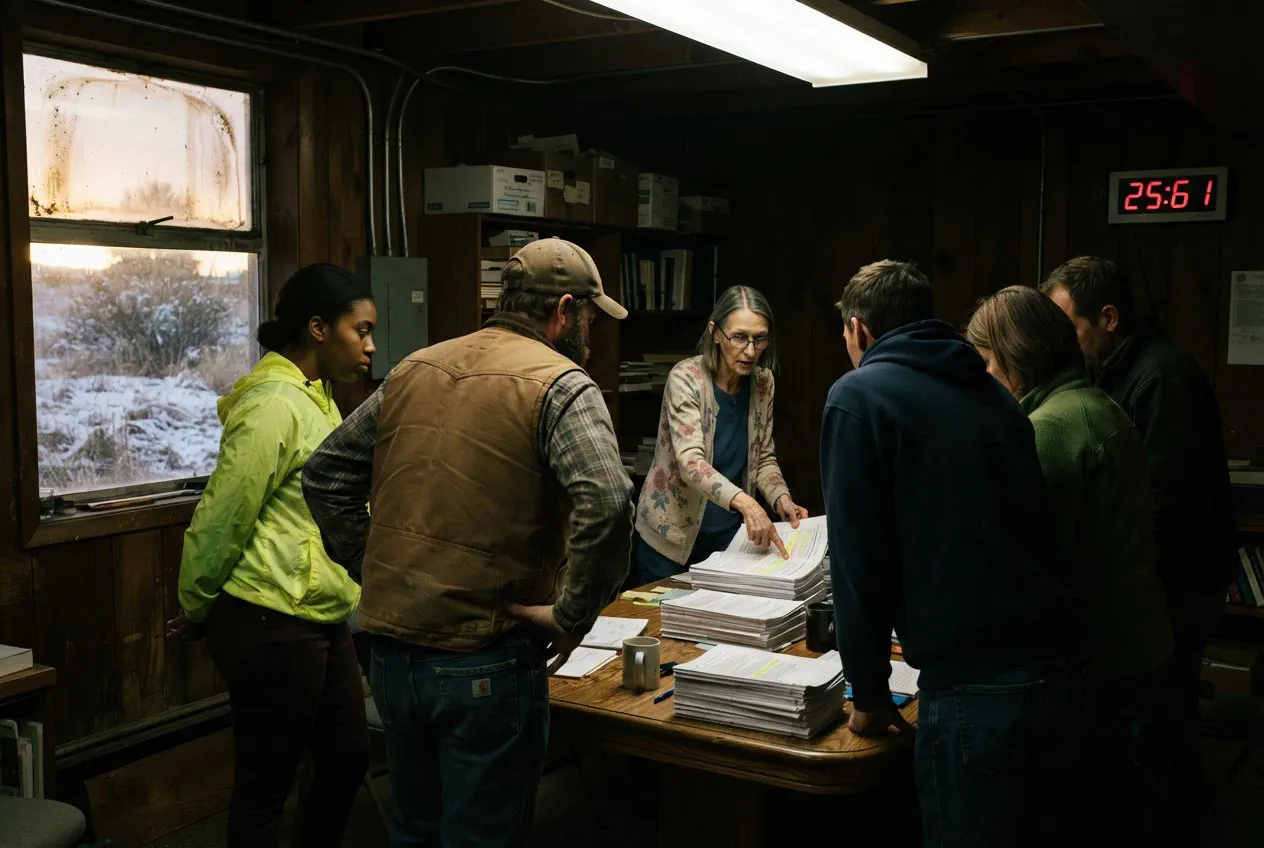 A candid, medium-angle shot inside the cramped, wood-paneled basement of the Bozeman Public Library.