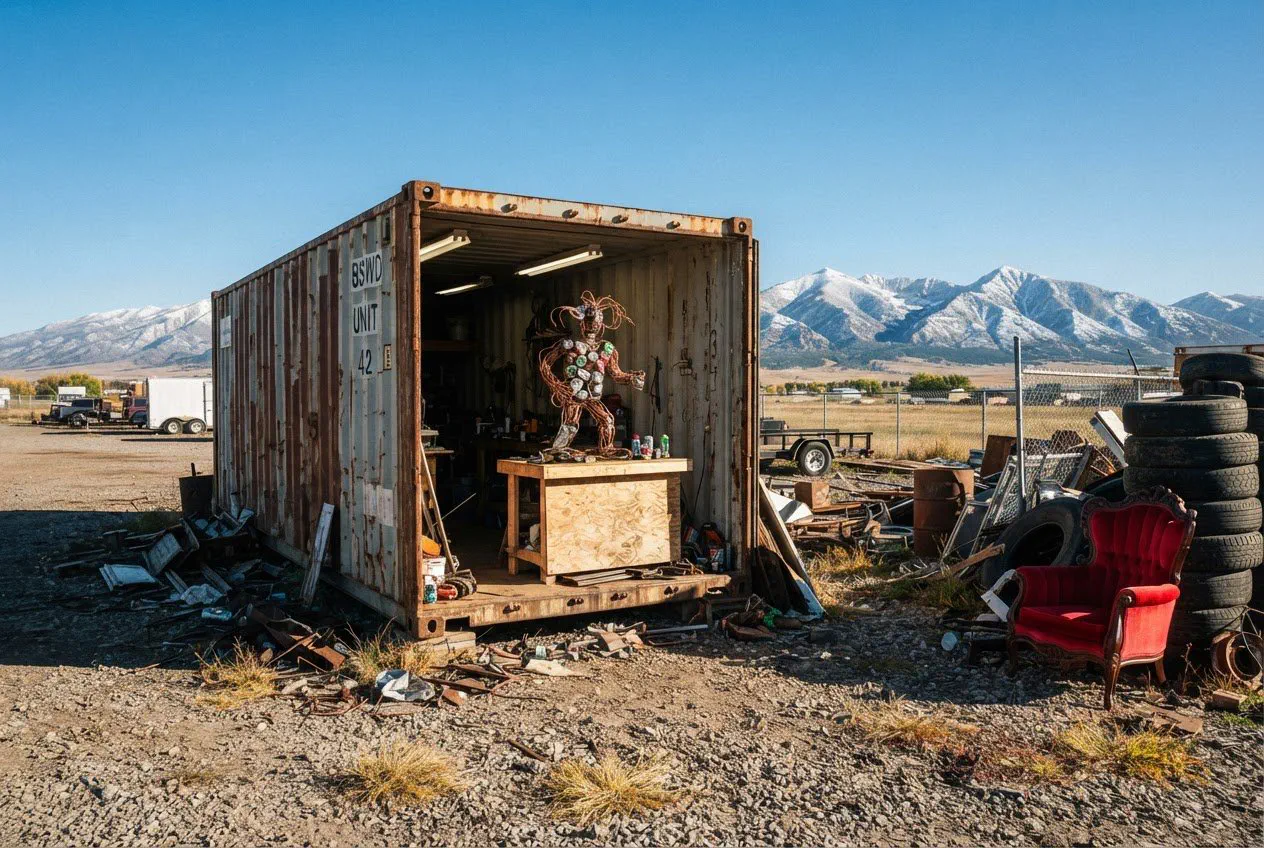A wide-angle, eye-level shot of a rusted, corrugated-steel shipping container parked on the gravel perimeter of the Bozeman Solid Waste District off Huffine