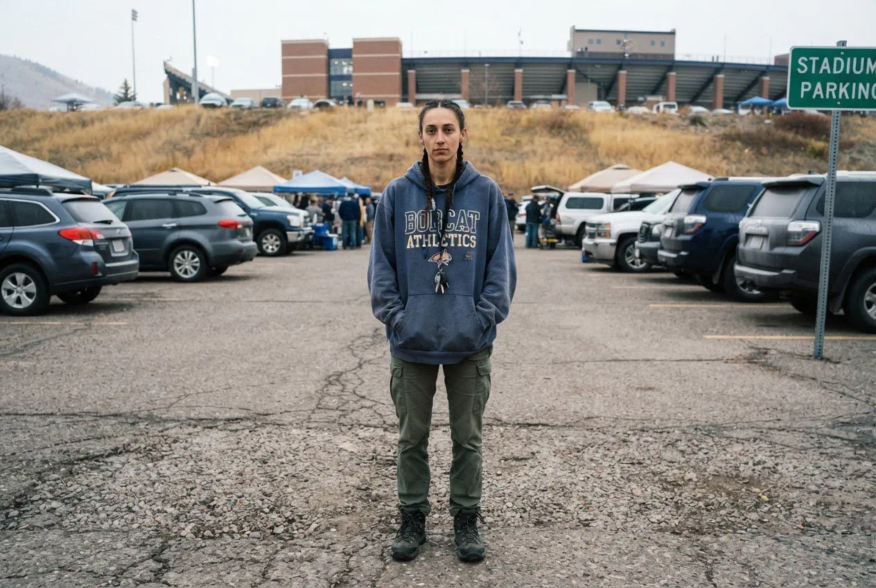 A medium shot of 24-year-old Elena, a graduate student with a lean build and braided hair, standing in the center of the Kagy Boulevard parking lot adjacent to