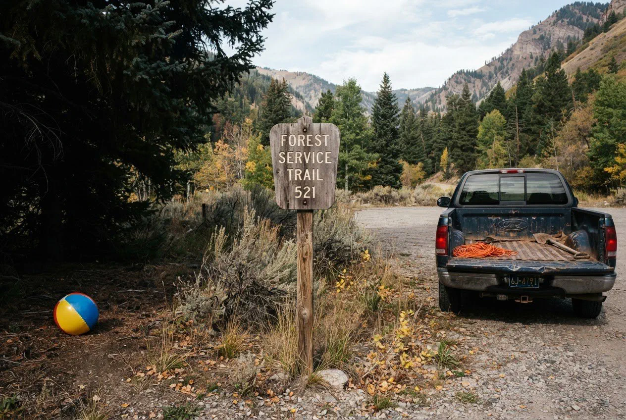 A weathered, vertical wooden trailhead sign at the entrance to the Middle Cottonwood Canyon trail, shot straight-on in the crisp, slanted morning light of late