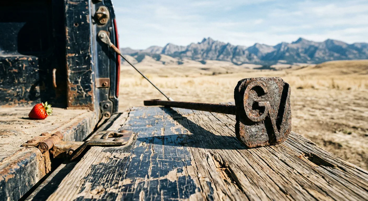 A close-up, eye-level shot of a heavy-duty, rusted iron branding iron resting on the weathered, splintered tailgate of a 1998 Ford F-250.