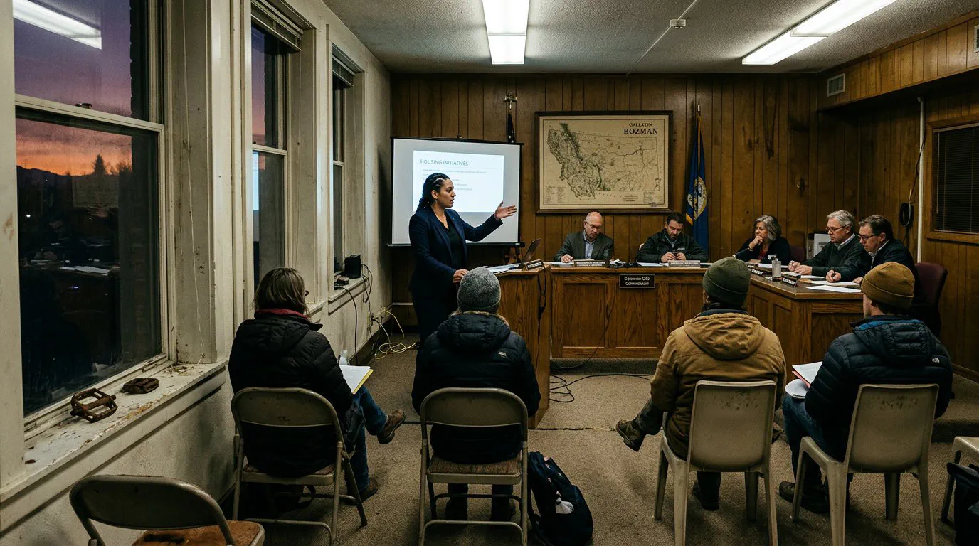 A wide, eye-level shot inside the cramped, wood-paneled Bozeman City Commission chambers during a Tuesday evening session.
