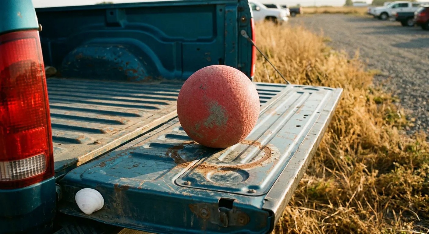 A single, weathered red rubber kickball sits dead-center on the rusted, peeling teal tailgate of a 1998 Ford F-150.