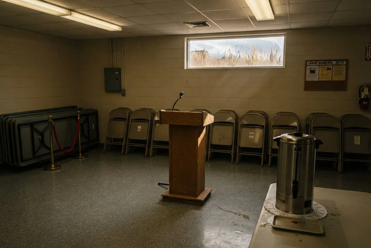 A wide-angle, eye-level shot of the vacant community meeting room in the basement of the Three Forks Public Library.