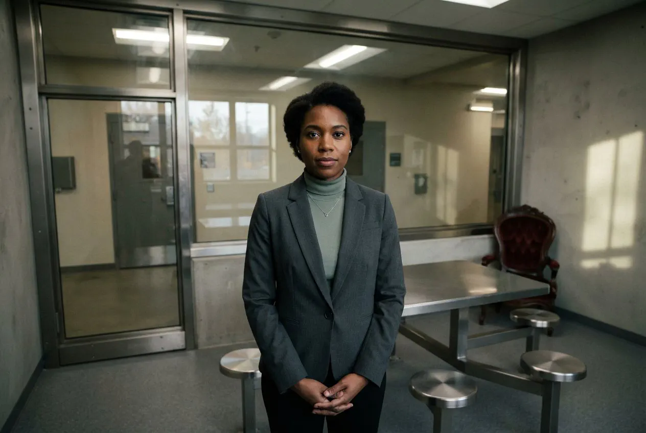 A medium shot of Elena Vance, a 32-year-old Black woman and lead facilitator for the task force, standing centered inside the Gallatin County Detention