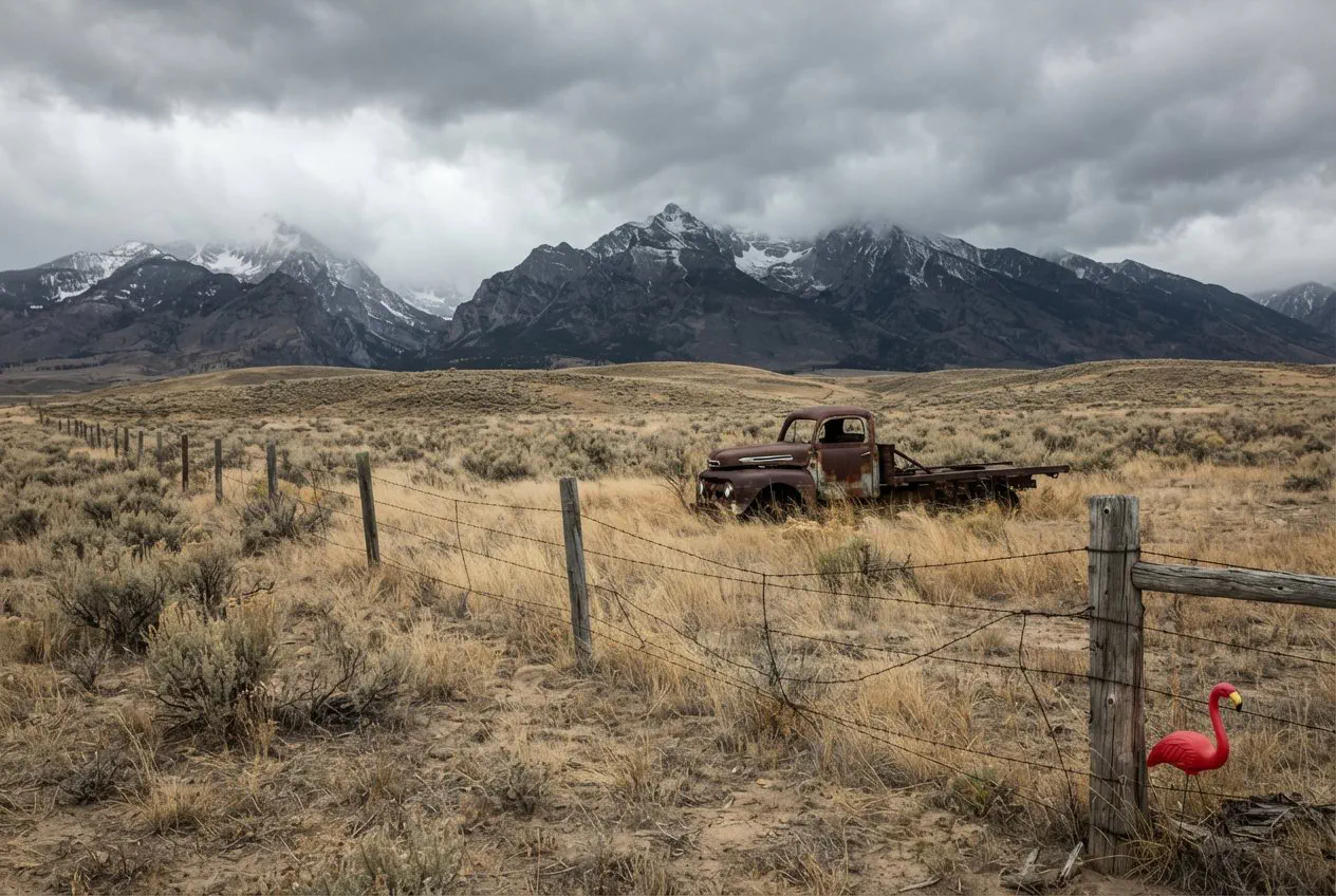 A wide-angle, eye-level shot of the rolling sagebrush flats at the base of the Bridger Mountains in late October.