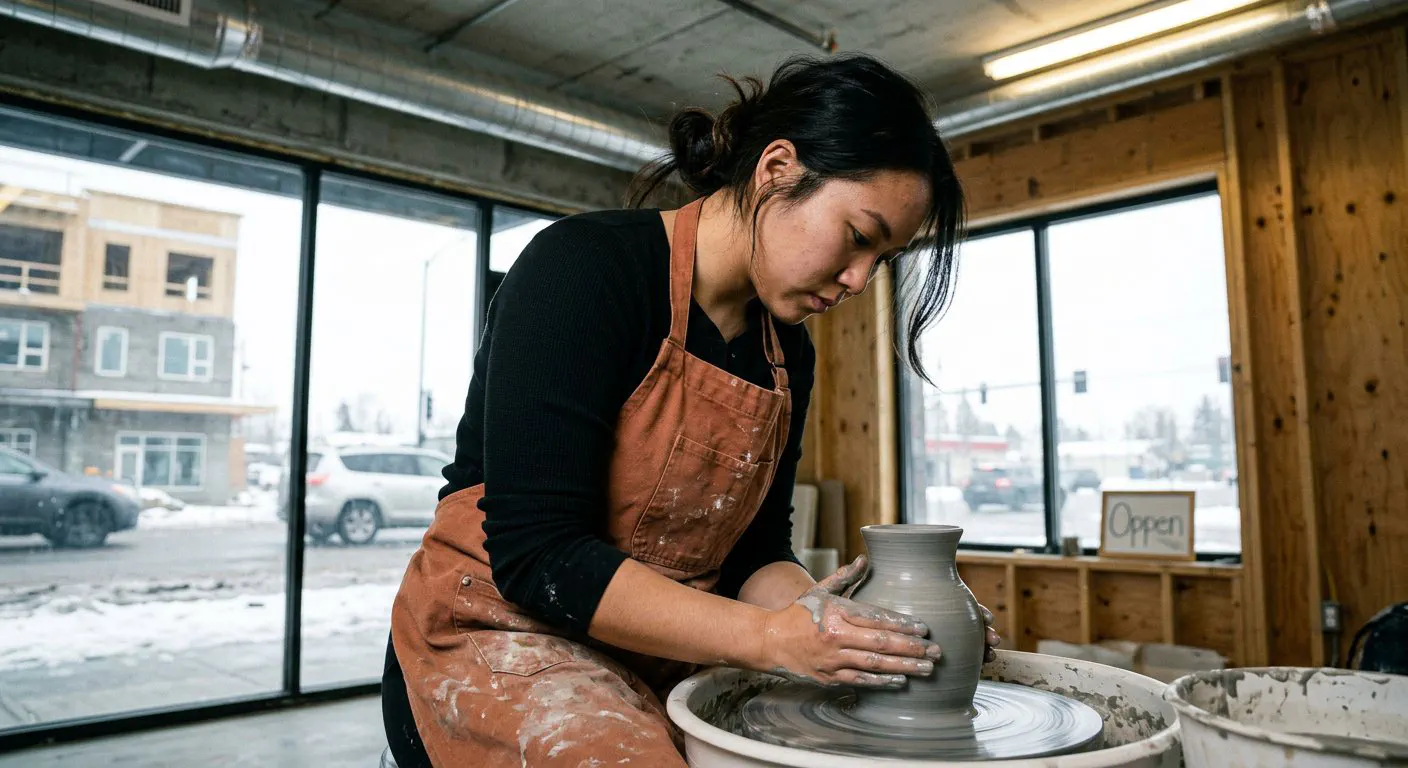 A close-up, shallow-depth-of-field shot of 24-year-old Elena, a ceramicist of Hmong descent, hunched over a pottery wheel inside a ground-floor unit at