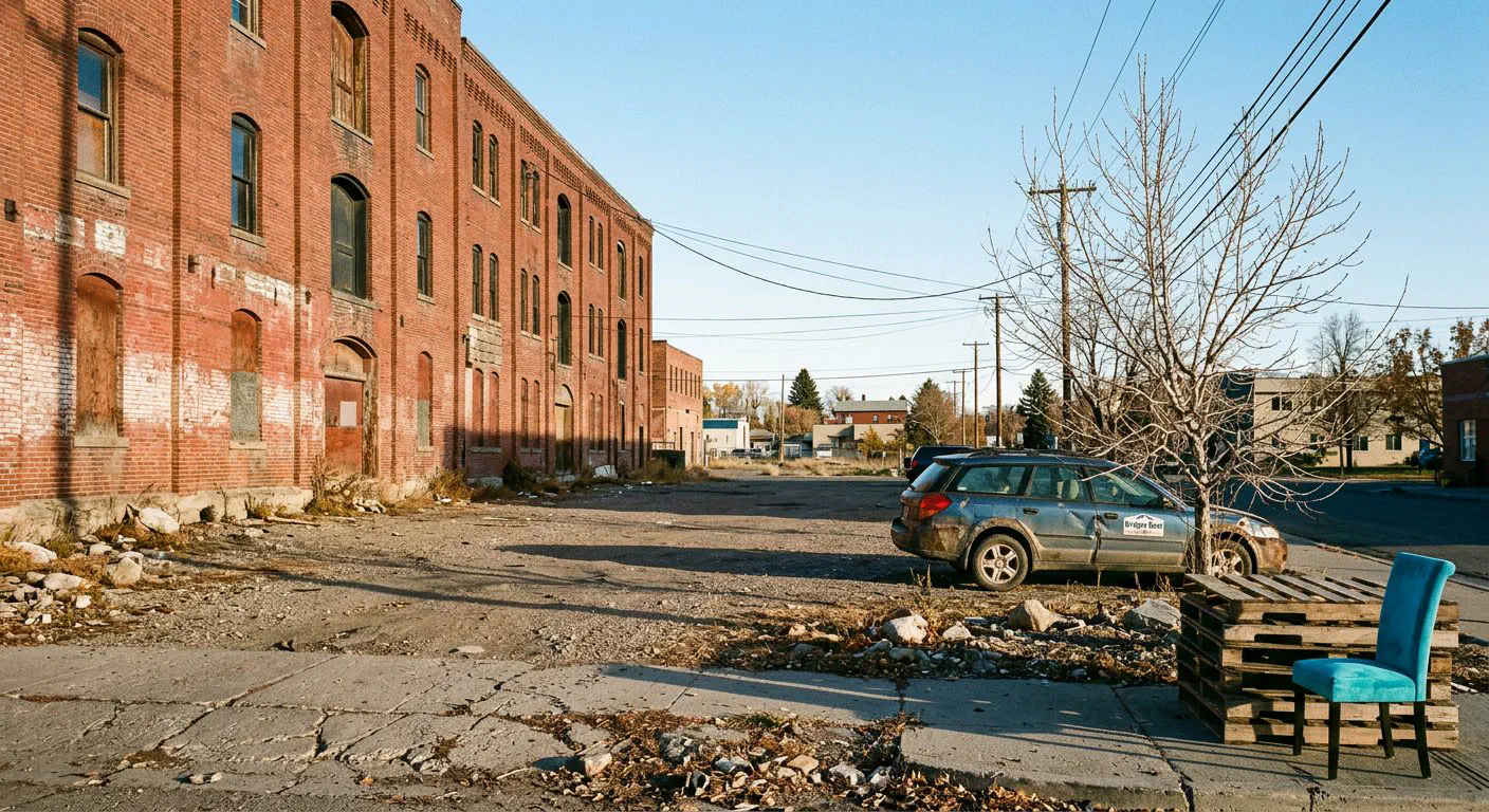 A street-level, eye-level photograph of the vacant, gravel-strewn lot on West College Street in Bozeman, Montana.