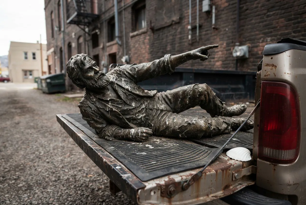 A close-up, eye-level shot of "Old Pete," the life-sized bronze prospector statue, resting on its side atop a weathered, rust-streaked steel tailgate of a 1998