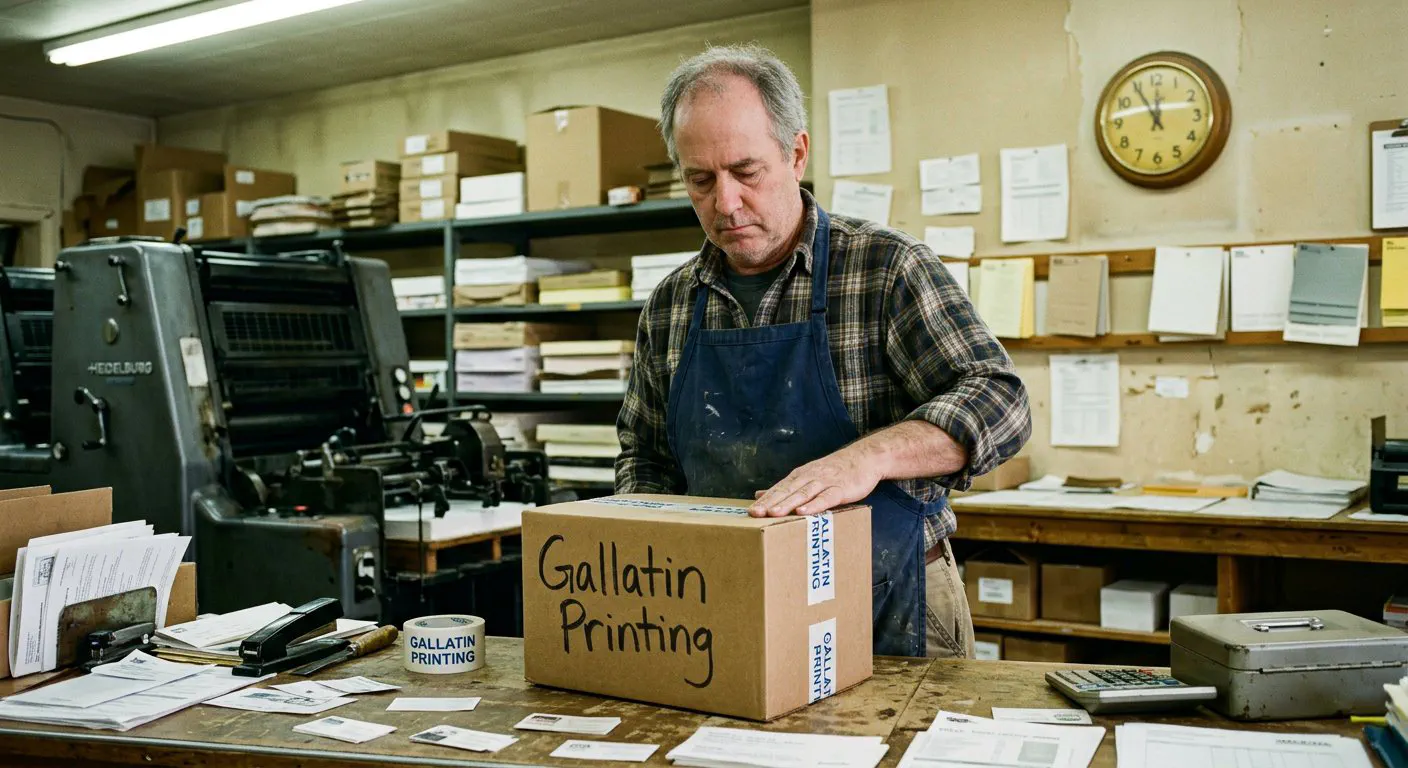 A tight, medium shot of Arthur, the longtime owner of Gallatin Printing, standing behind his cluttered front counter.
