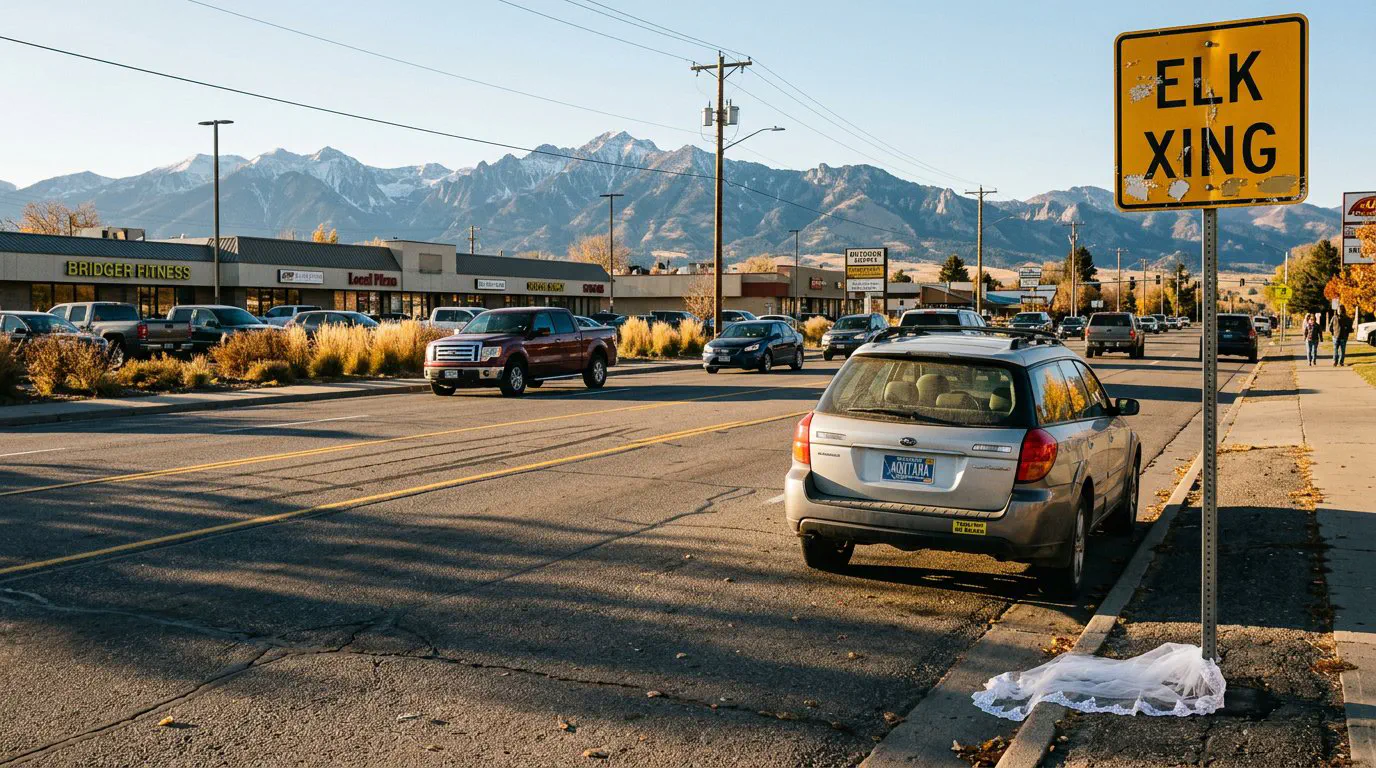 A wide-angle, eye-level street shot taken from the far sidewalk of North 19th Avenue in Bozeman on a crisp, late-October afternoon.