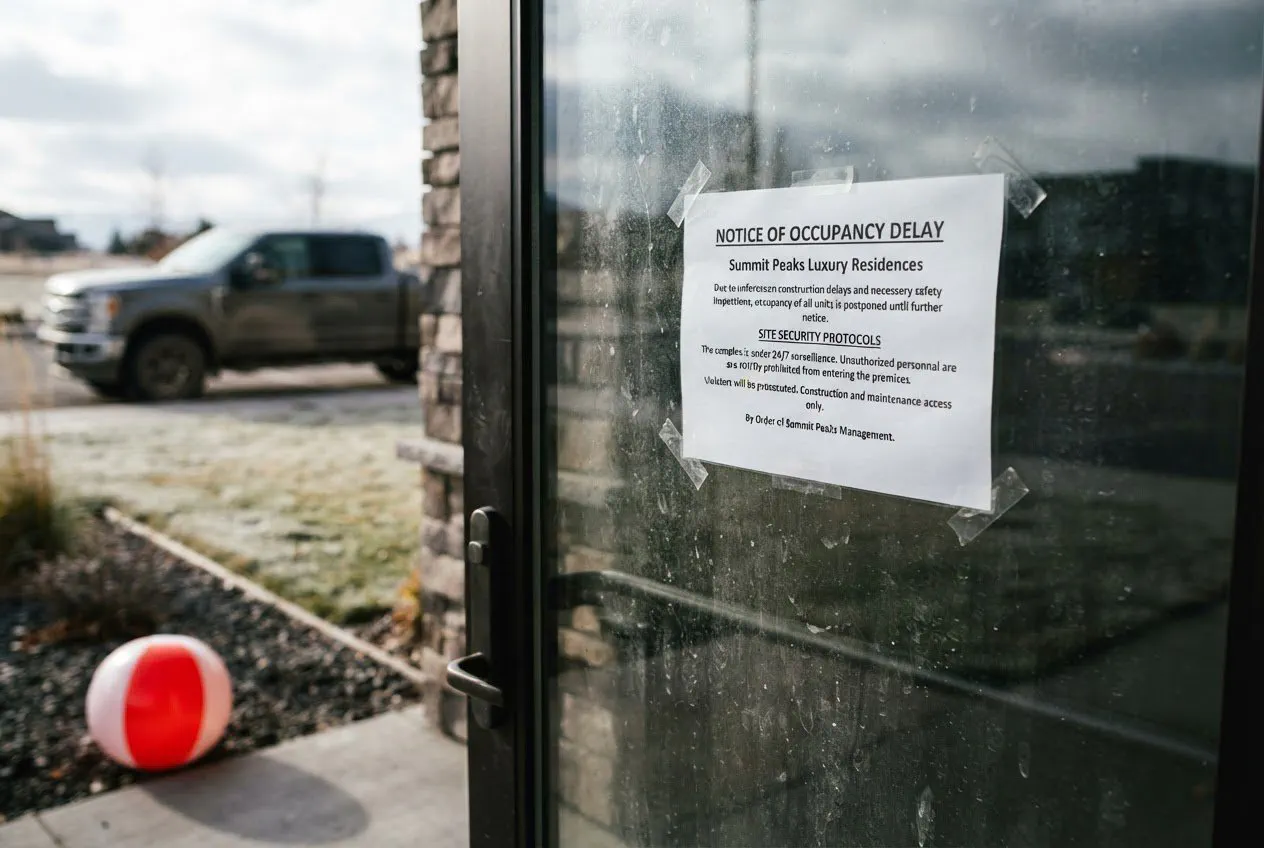 A tight, eye-level detail shot of a glass door at the base of the "Summit Peaks" luxury condo complex in Bozeman.