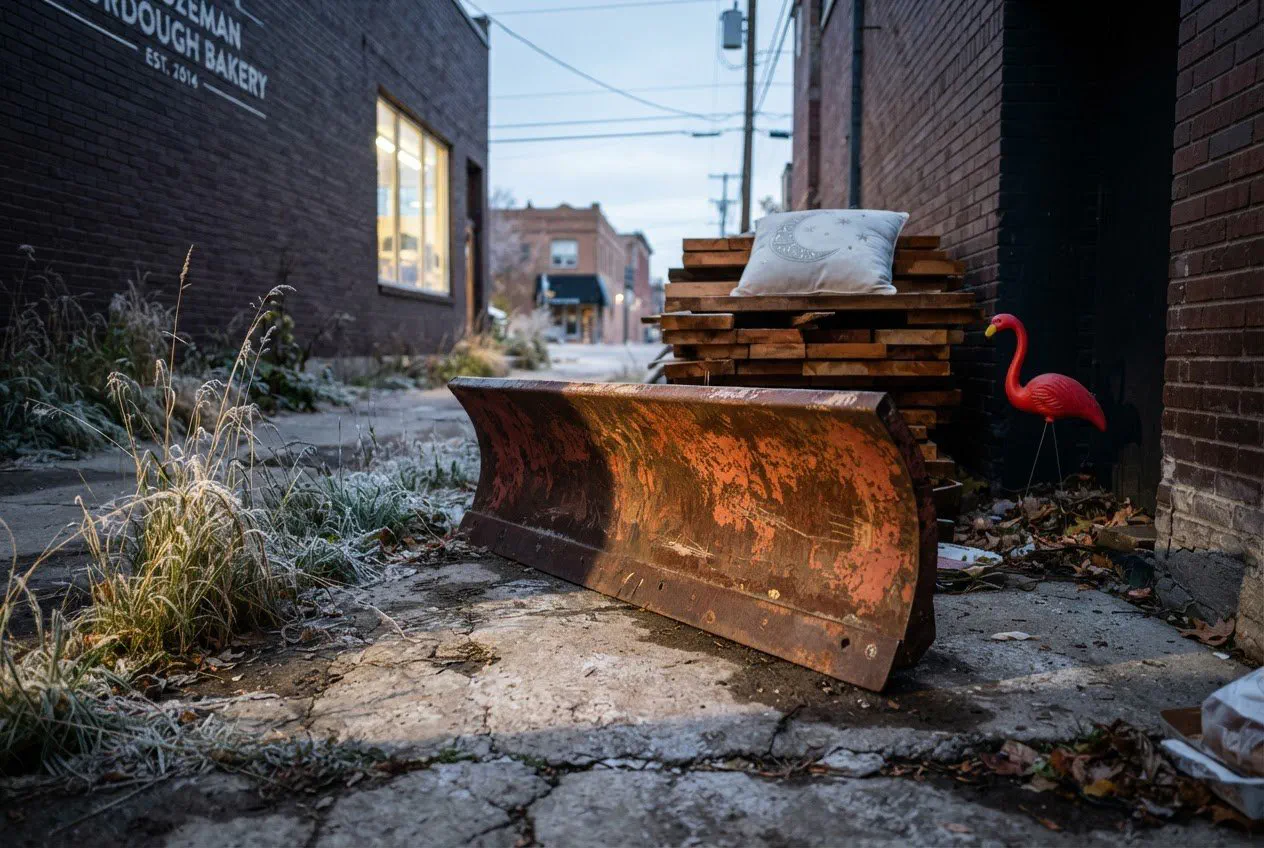 A wide-angle, eye-level shot of a weathered, rusted 1970s International Harvester plow blade resting on the cracked concrete behind the artisanal sourdough