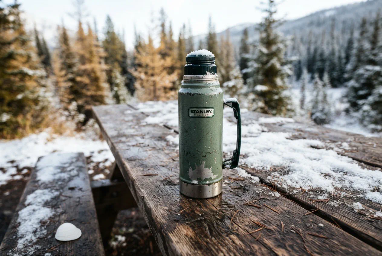 A high-angle, close-up shot of a single, dented Stanley thermos resting on the scarred, pine-board surface of a picnic table at the Fairy Lake Trailhead.