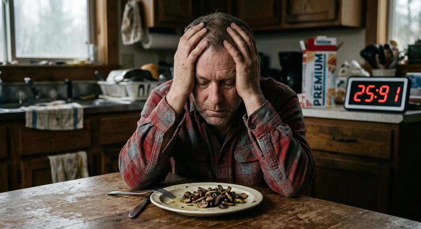A tight, eye-level medium shot of a middle-aged man in a flannel shirt sitting at a rustic wooden kitchen table, his head resting heavily in his hands.