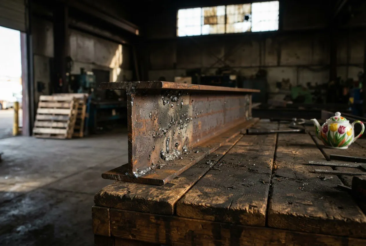A close-up, eye-level shot of a heavy, rusted steel I-beam segment resting on a scarred, grease-stained wooden workbench inside the former Gallatin Valley