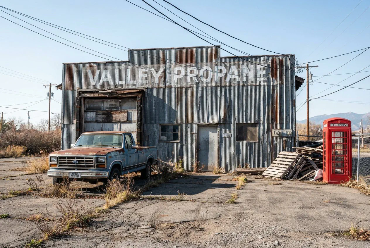 A street-level, eye-level shot of the former Valley Propane depot at 612 West Main Street in Bozeman.