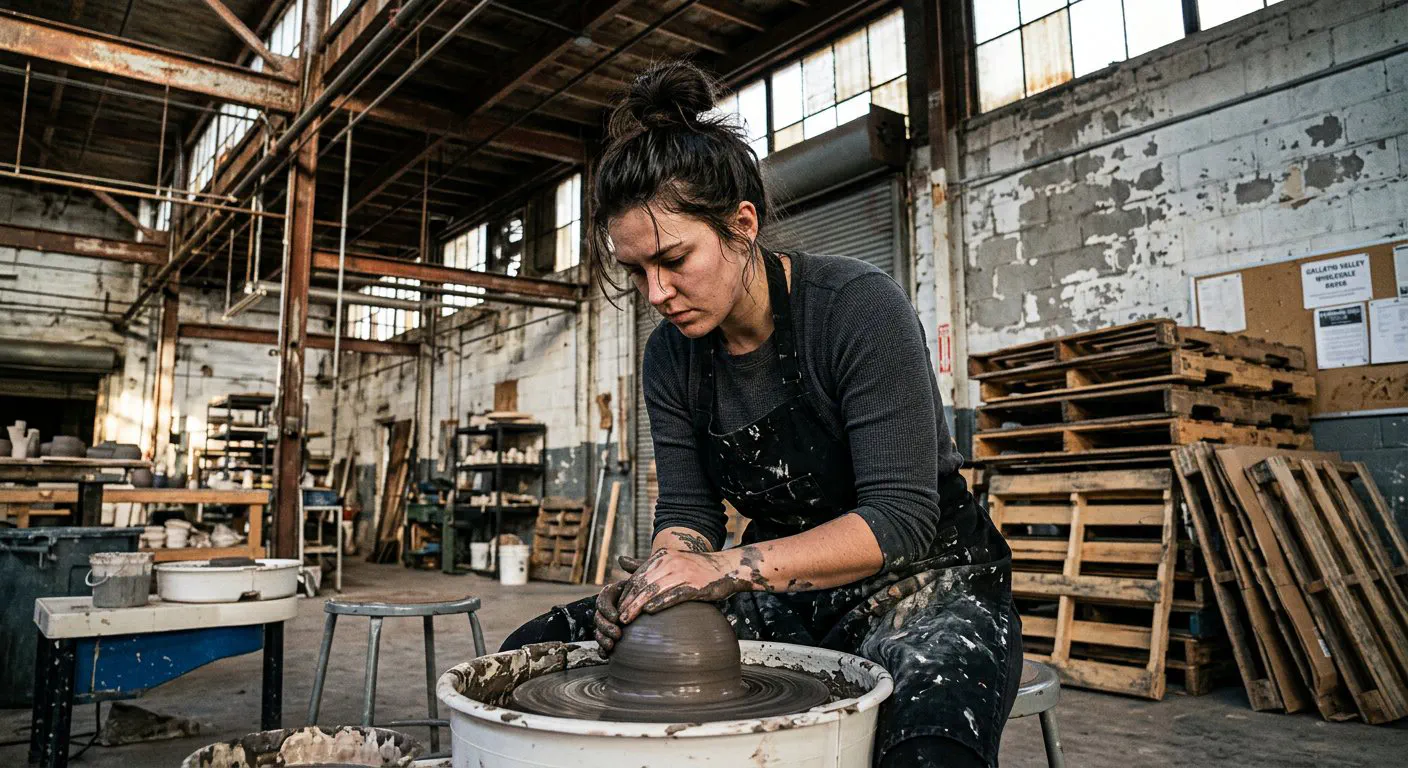 A medium shot of 24-year-old Elena, a ceramicist with ink-stained forearms and a messy bun, hunched over a heavy-duty electric potter’s wheel in the corner of
