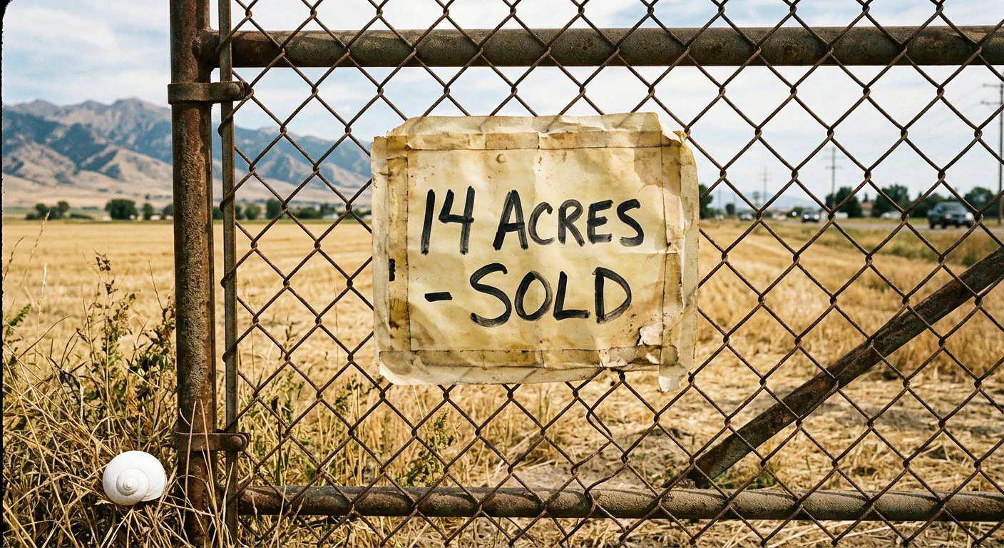 A close-up, eye-level shot of a weathered, yellowed "For Sale" paper sign taped to the inside of a rusted chain-link fence gate at the edge of the Jackrabbit