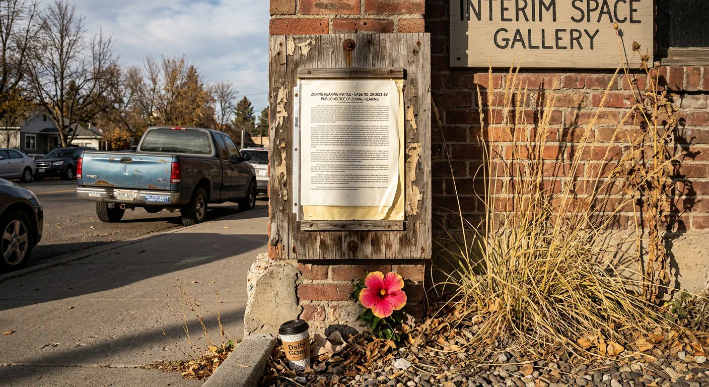 A straight-on, eye-level shot of a weathered, wooden "Zoning Hearing" notice board bolted to the exterior brick wall of the Interim Space Gallery on North 19th
