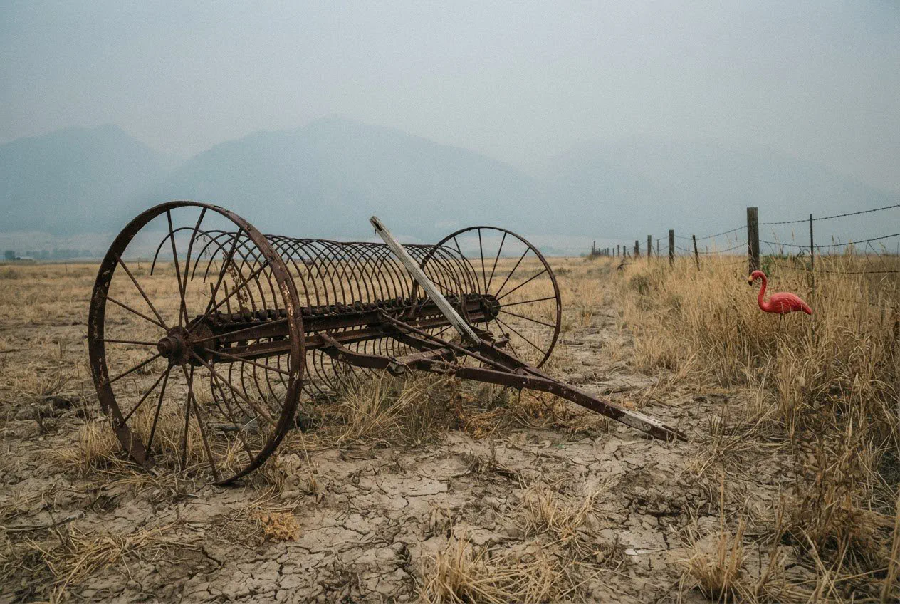 A low-angle, medium shot of a rusted, iron-tined hay rake sitting idle in a field of dry, yellowed bunchgrass on the outskirts of Belgrade.