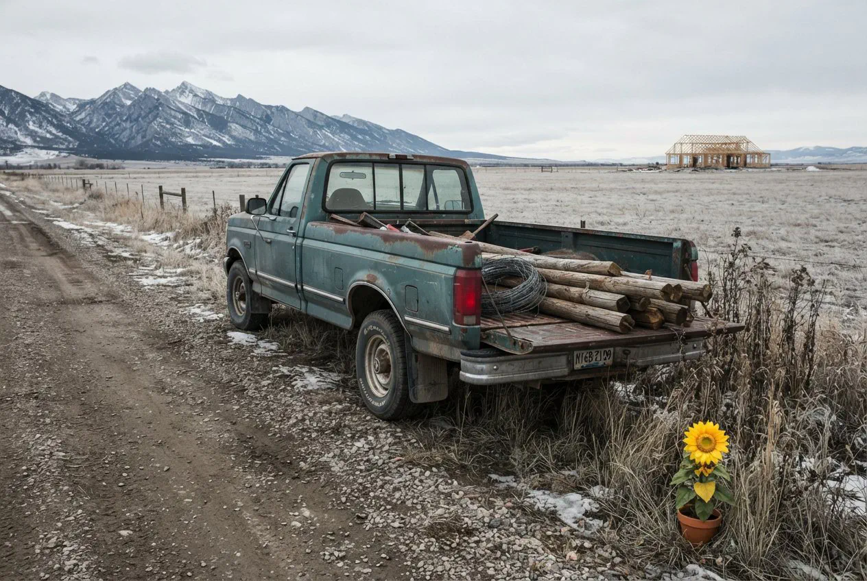 A wide, eye-level shot of a rusted, faded-teal 1994 Ford F-250 parked on the gravel shoulder of a dirt access road bordering a vast, frost-bitten hay field