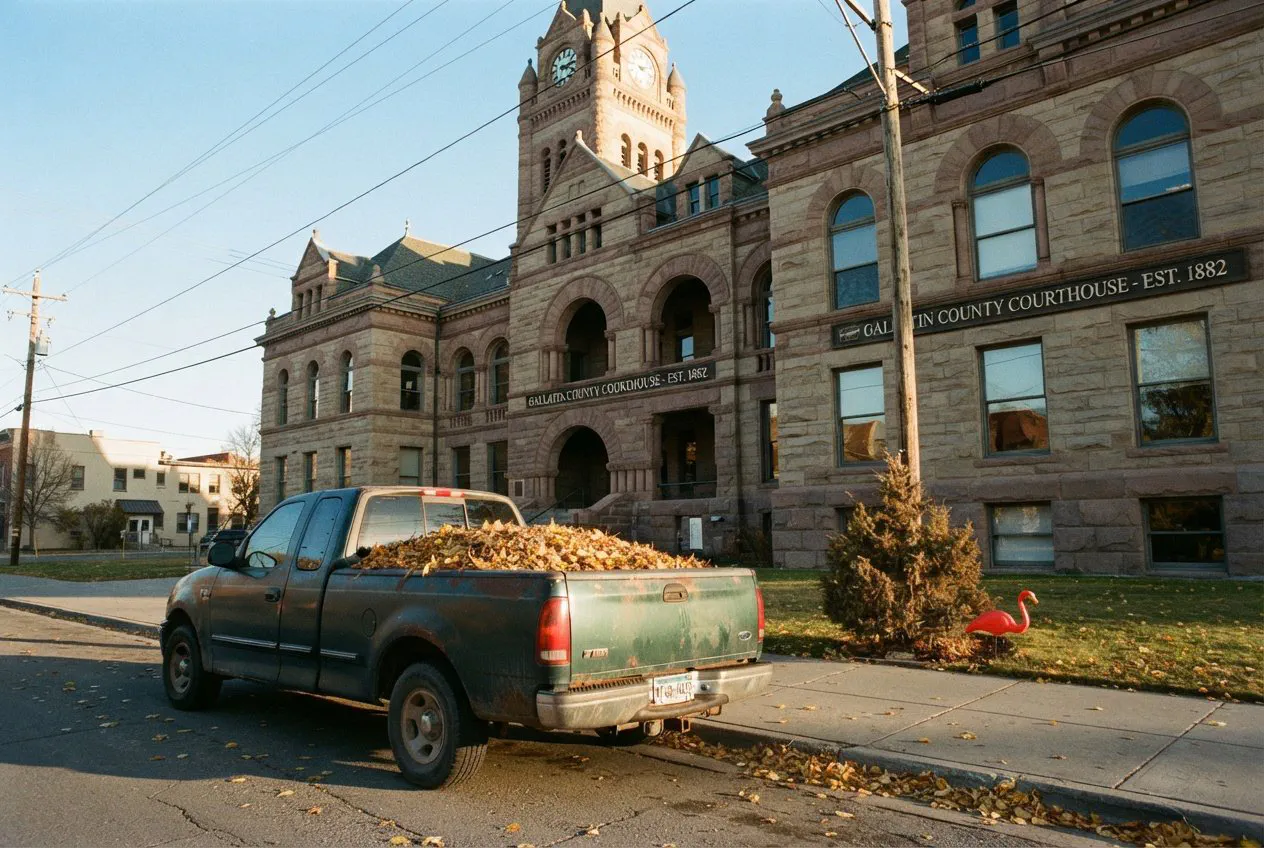 A street-level, eye-level shot of the Gallatin County Courthouse in Bozeman on a crisp, late-October afternoon.